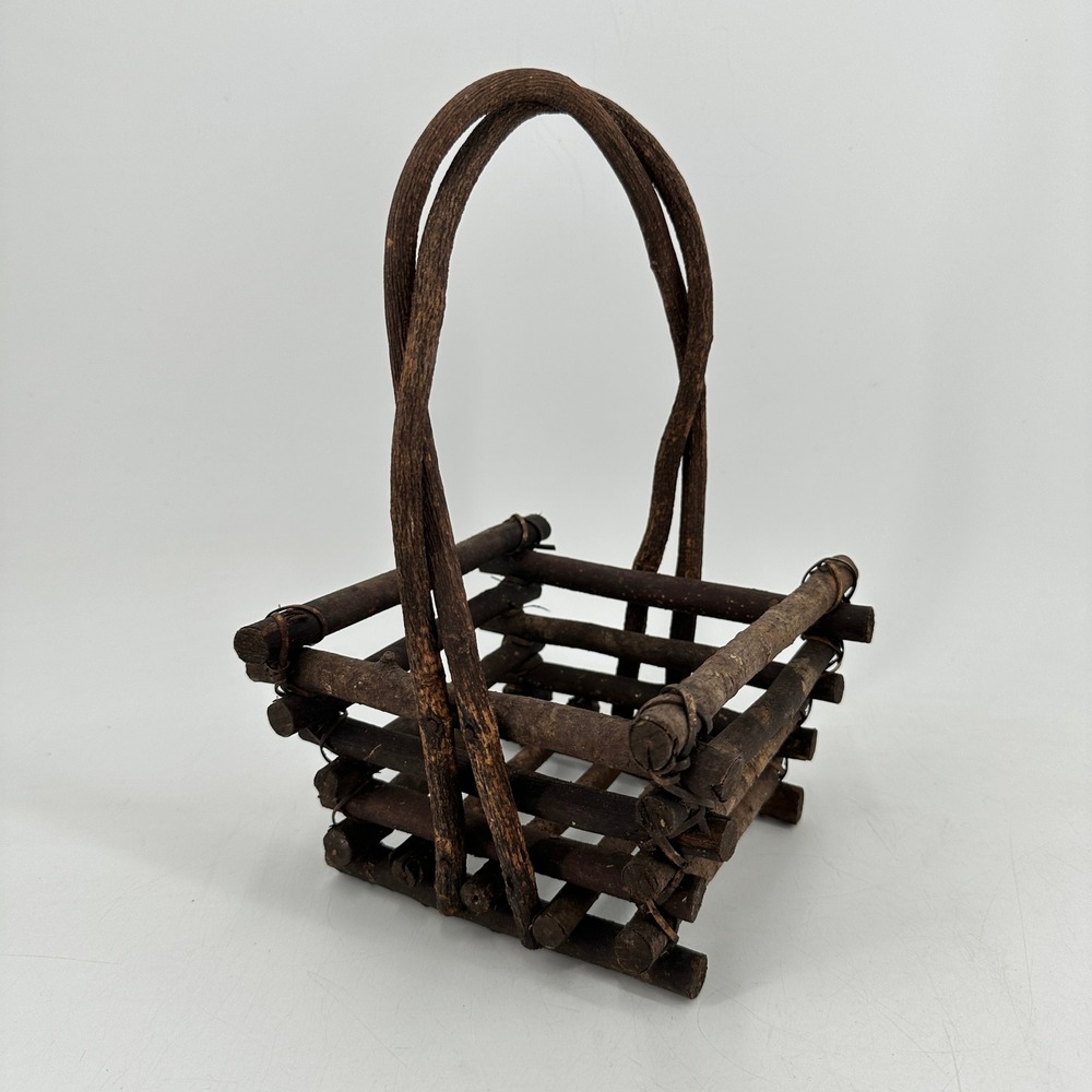 Rustic Twig Log Cabin Basket Grapevine Handle Natural Wood Primitive Decor Brown